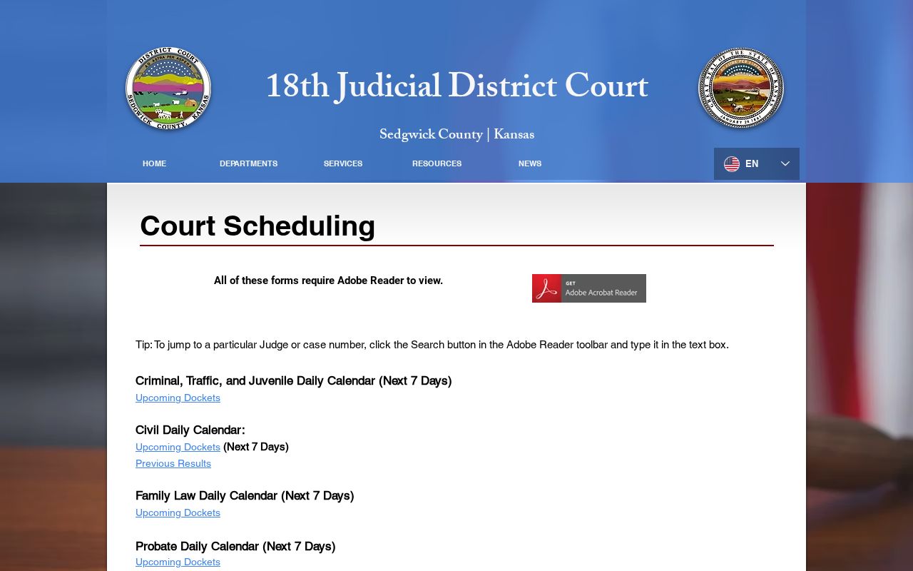 Kansas court calendar example from an 18th Judicial District court schedule