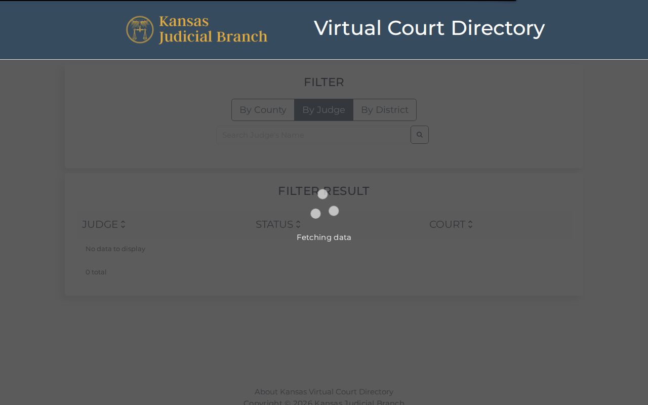 Kansas court calendar resource showing participating virtual courtroom listings