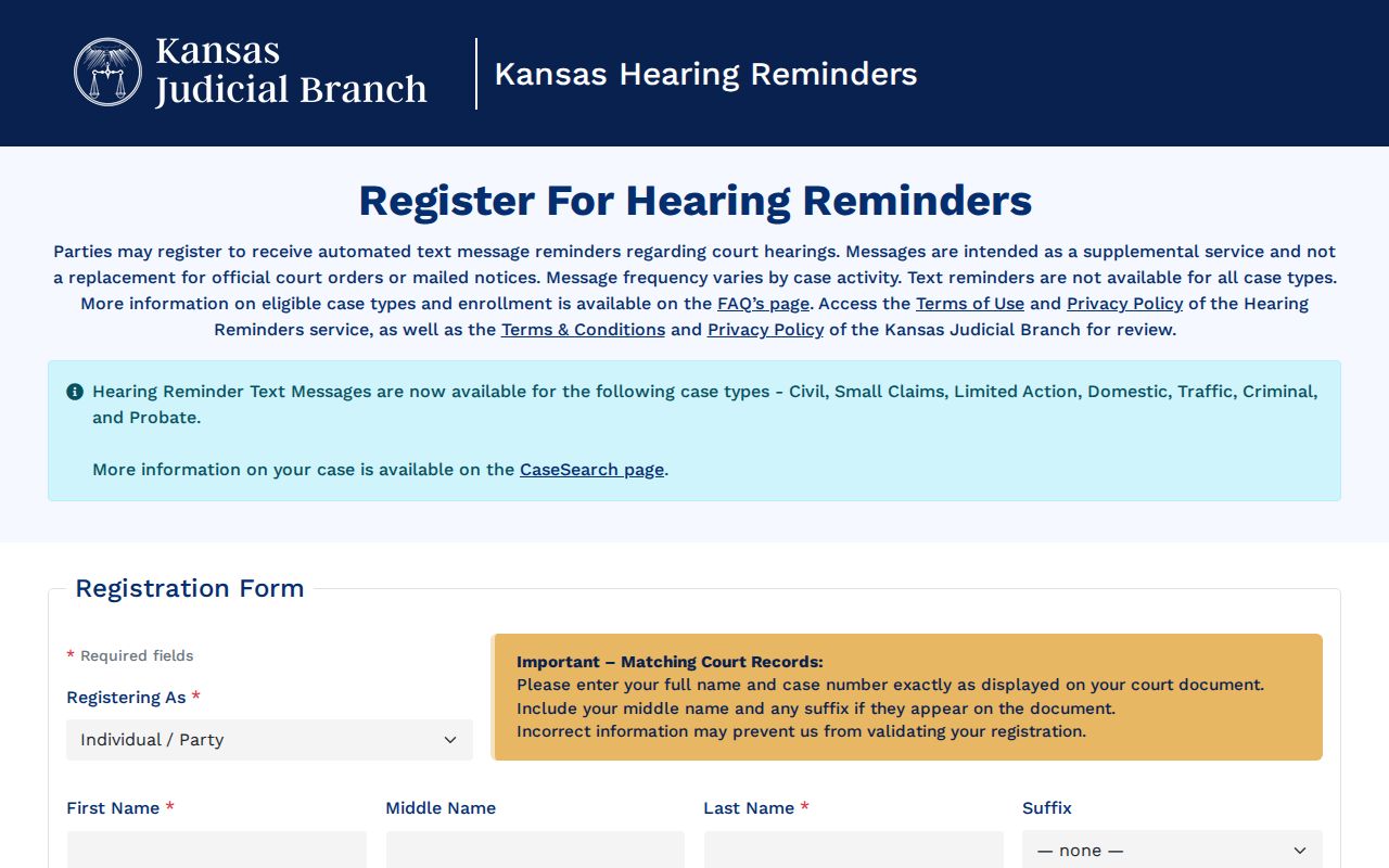Kansas court calendar reminder service entry point for hearing dates